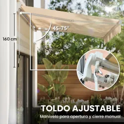 Toldo Manual Retráctil 295x250cm Ángulo Ajustable con Manivela para Exterior Balcón Jardín Terraza Crema - Ogal.Es