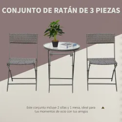 Conjunto de Muebles de Jardín con Sillas Plegables y Mesa de Vidrio para Terraza Patio Marrón - Ogal.Es