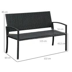 Banco de Jardín de 2 Plazas Banco para Exterior con Respaldo y Asiento de Ratán PE Carga 240 kg 122x60x85 cm Negro - Ogal.Es