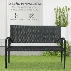 Banco de Jardín de 2 Plazas Banco para Exterior con Respaldo y Asiento de Ratán PE Carga 240 kg 122x60x85 cm Negro - Ogal.Es
