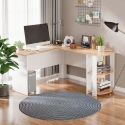 Mesa de Ordenador PC Escritorio con Estantes para Oficina Hogar Tipo Esquinera Forma L 136x130x72cm Madera - Ogal.Es