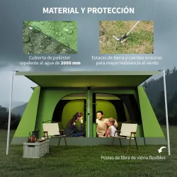 Tienda de Camping para 4-8 Personas con Mosquitera Gancho y Bolsa de Transporte Anti-UV 405x305x225 cm Verde - Ogal.Es