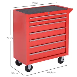 Carro de Herramientas con 7 Cajones y Ruedas Caja Taller Cerradura tipo Mueble de Almacenamiento 69x33x75cm Rojo - Ogal.Es