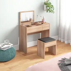 Tocador de Maquillaje con Taburete Mesa de Maquillaje con Espejo Tapa Abatible y Cajas 80x40x79 cm y 40x30x40 cm - Ogal.Es