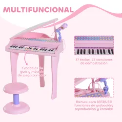 Piano Infantil 37 Teclas Teclado Electrónico Piano para Niños con Micrófono Taburete Luces y 22 Canciones USB/MP... - Ogal.Es