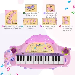 Teclado Electrónico Infantil 32 Teclas Juguete Musical Piano Infantil Piano para Niños con Micrófono Taburete Lu... - Ogal.Es