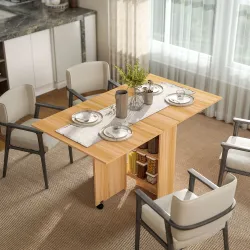 Mesa de Comedor Plegable con Ruedas Mesa Auxiliar Multifuncional con Alas Abatibles y Estantes 140x80x74cm Madera - Ogal.Es