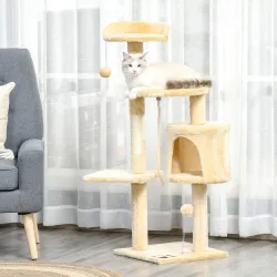 Árbol para gatos Rascador Grande con Plataformas Casetas Bolas de Juego 114cm Cubierto de Felpa Beige - Ogal.Es