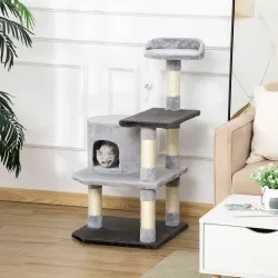 Torre para Gatos con Plataformas Casetas Ratón de Juego Postes para Rascar y Cubierto de Felpa 48x48x100 cm Gris - Ogal.Es