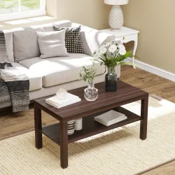 Mesa de Centro Moderna Mesa Baja con 2 Estantes de Almacenamiento Mesita para Salón Carga 20 kg 90x45x44,5 cm Nogal - Ogal.Es