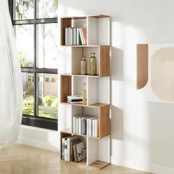 Estantería en Forma de S Alta con 5 Estantes Diseño Moderno para Salón Oficina 60x24x184,5cm Blanco y Madera - Ogal.Es