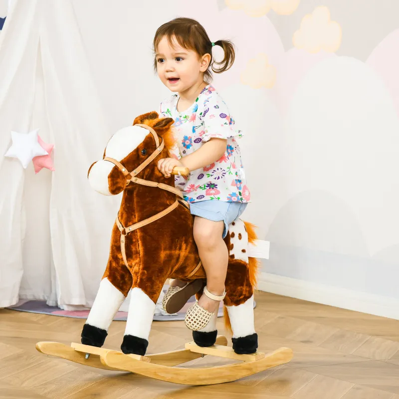 Caballito Balancín de Felpa Suave para Niños de 3-6 Años con Sonidos de Relincho 74x28x65 cm Marrón - Ogal.Es