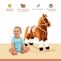 Caballito Balancín de Felpa Suave para Niños de 3-6 Años con Sonidos de Relincho 74x28x65 cm Marrón - Ogal.Es