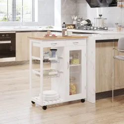 Carro de Cocina Multiusos Carrito Auxiliar con Ruedas para Dormitorio con Estantes Cestas Cajones 70x37x85cm Madera - Ogal.Es