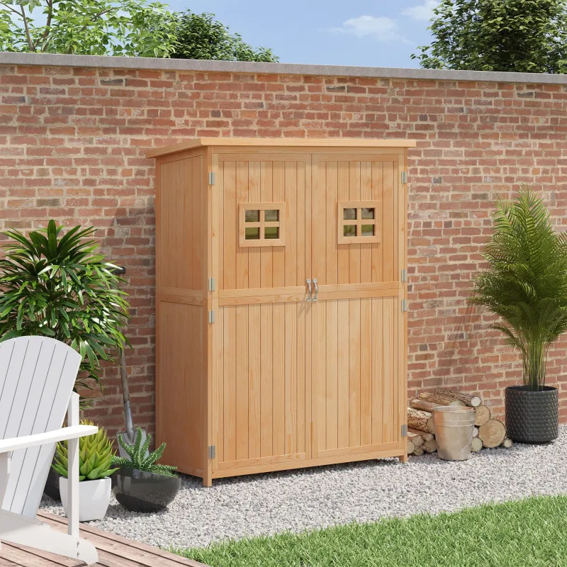 Armario de Madera para Exterior para Herramientas de Jardinería con Doble Puerta y Estantes 127,5x50x164 cm Natural - Ogal.Es