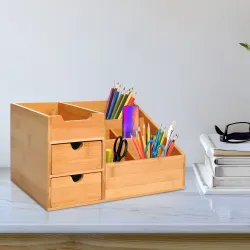 Organizador de Escritorio de Bambú Organizador de Mesa con 2 Cajones 6 Compartimentos y Estante para Oficina Hog... - Ogal.Es
