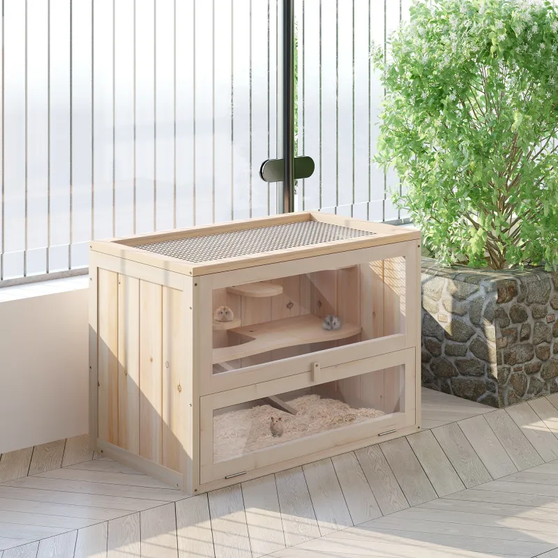Jaula para Hámster de Madera de 2 Niveles Casa para Animales Pequeños con Plataformas Escaleras 60x35x42 cm Made... - Ogal.Es