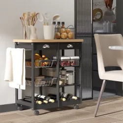Carrito Auxiliar con Ruedas Carrito Verdulero Carro de Cocina con 2 Cajones 2 Cestas y 2 Estantes 74x37x76 cm Negro - Ogal.Es