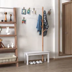 Perchero de Pie con Banco Colgador Tipo Árbol Moderno 6 Ganchos para Colgar Ropa Bolsa Pasillo Entrada Bambú y M... - Ogal.Es