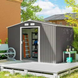 Cobertizo de Jardín 4,9 m² 277x195x192 cm con 2 Puertas Corredizas Base Refuerzo (Suelo NO Incluido) Gris - Ogal.Es