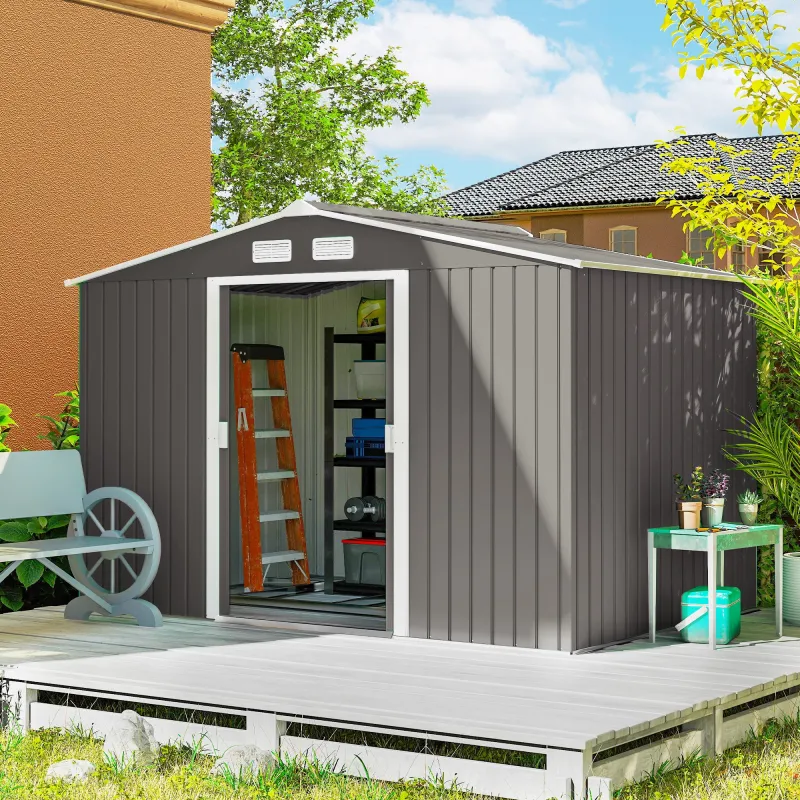 Cobertizo de Jardín 4,9 m² 277x195x192 cm con 2 Puertas Corredizas Base Refuerzo (Suelo NO Incluido) Gris - Ogal.Es