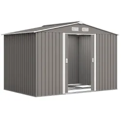 Cobertizo de Jardín 4,9 m² 277x195x192 cm con 2 Puertas Corredizas Base Refuerzo (Suelo NO Incluido) Gris - Ogal.Es
