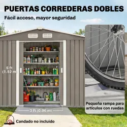 Cobertizo de Jardín 4,9 m² 277x195x192 cm con 2 Puertas Corredizas Base Refuerzo (Suelo NO Incluido) Gris - Ogal.Es
