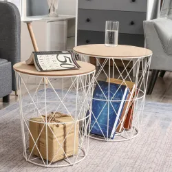 Juego de 2 Mesas Auxiliares de Salón con Tapa de Madera Extraíble y Estructura de Metal Ø40x45 cm y Ø35x40 cm Bl... - Ogal.Es