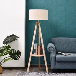 Lámpara de Pie Tipo Trípode con Estructura de Madera Natural y Pantalla de Tela Beige con Estante Integrado 50x5... - Ogal.Es