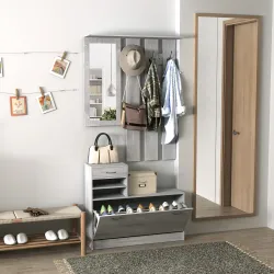 Recibidor de Entrada con Espejo Perchero y Zapatero Mueble de Recibidor de 2 Piezas con 6 Ganchos Estantes y Caj... - Ogal.Es