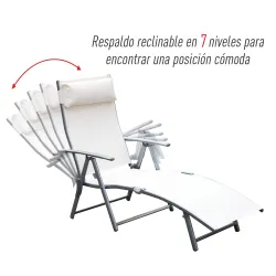 Tumbona de Jardín Plegable con Respaldo Ajustable en 7 Niveles Almohada y Reposabrazos 137x63,5x100,5 cm Beige - Ogal.Es