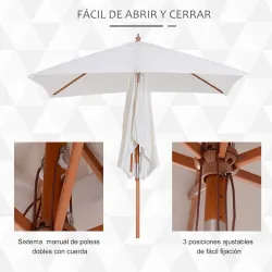 Parasol de Terraza Rectangular Inclinable 200x150x235 cm con Anti-UV Impermeable y Poste de Madera Crema - Ogal.Es