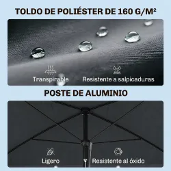 Sombrilla de Terraza de Aluminio 2x1,3x2,5 m Parasol de Jardín Rectangular con Función de Inclinación Gris - Ogal.Es