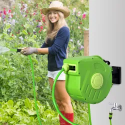 Carrete para Manguera 15M+1,5M Soporte Mural Portamanguera Roll-up Automático Giratorio 180° con Pistola de Pulv... - Ogal.Es