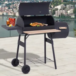 Barbacoa de Carbón 3 en 1 Ahumador Parilla de Carbón Barbacoa de BBQ 124x53x104 cm con Termómetro y Ruedas Estan... - Ogal.Es