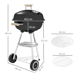 Barbacoa de Carbón Vegetal con Ruedas Parilla de Carbón BBQ Portátil Tapa y Tazón Esmaltados Mangos de Madera 48... - Ogal.Es