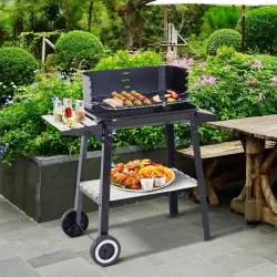 Barbacoa de Carbón Vegetal BBQ con Altura de Parrilla Ajustable Estantes y Ruedas para Exterior 83x46x87 cm Negro - Ogal.Es