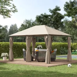 Cenador de Jardín 4x3 m con 6 Paredes Laterales 8 Orificios de Drenaje y Marco de Acero para Fiestas Patio Caqui - Ogal.Es