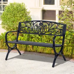 Banco de Jardín de 2 Plazas Banco de Terraza de Hierro con Diseño Clásico Patrón Floral 127x60x85cm Negro - Ogal.Es