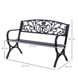 Banco de Jardín de 2 Plazas Banco de Terraza de Hierro con Diseño Clásico Patrón Floral 127x60x85cm Negro - Ogal.Es