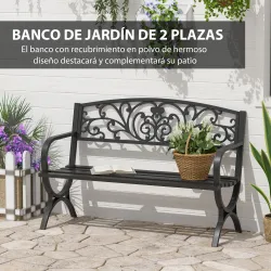 Banco de Jardín de 2 Plazas Banco de Terraza de Hierro con Diseño Clásico Patrón Floral 127x60x85cm Negro - Ogal.Es