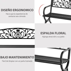 Banco de Jardín de 2 Plazas Banco de Terraza de Hierro con Diseño Clásico Patrón Floral 127x60x85cm Negro - Ogal.Es