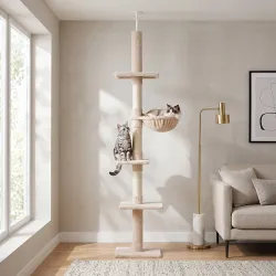 Árbol para Gatos de Suelo a Techo de 230-260 cm con Altura Ajustable Plataformas Hamaca y Postes de Sisal Beige - Ogal.Es