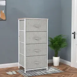 Cómoda con 4 Cajones de Tela, Cómoda para Dormitorio, Marco de Acero, Cajonera para Salón, Oficina, Vestidor, Gris - Ogal.Es
