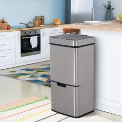 Papelera de Cocina 72L con Sensor Detector de Movimiento Apertura Automático y 3 Compartimentos 42x30x81 cm Gris - Ogal.Es