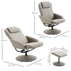 Sillón Relax Reclinable hasta 145° con Taburete Reposapiés Sillón de Salón Giratorio 360° Tapizado en PU y Estru... - Ogal.Es