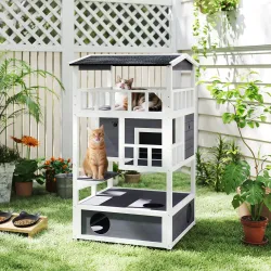 Caseta para Gatos de Madera 75,5x75x137 cm con Techo Asfáltico Plataformas para Interior y Exterior Gris - Ogal.Es