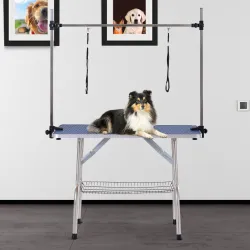 Mesa de Peluquería Canina Plegable, Mesa de Aseo con Cesta de Rejilla Metálica, Encimera Antideslizante, Barra d... - Ogal.Es