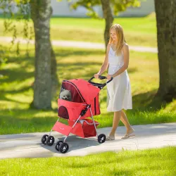 Carrito para Perros con Toldo Ajustable Cesta de Almacenaje y Ruedas con Freno Tela Oxford 77x45x99,5 cm Rojo - Ogal.Es