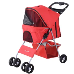 Carrito para Perros con Toldo Ajustable Cesta de Almacenaje y Ruedas con Freno Tela Oxford 77x45x99,5 cm Rojo - Ogal.Es